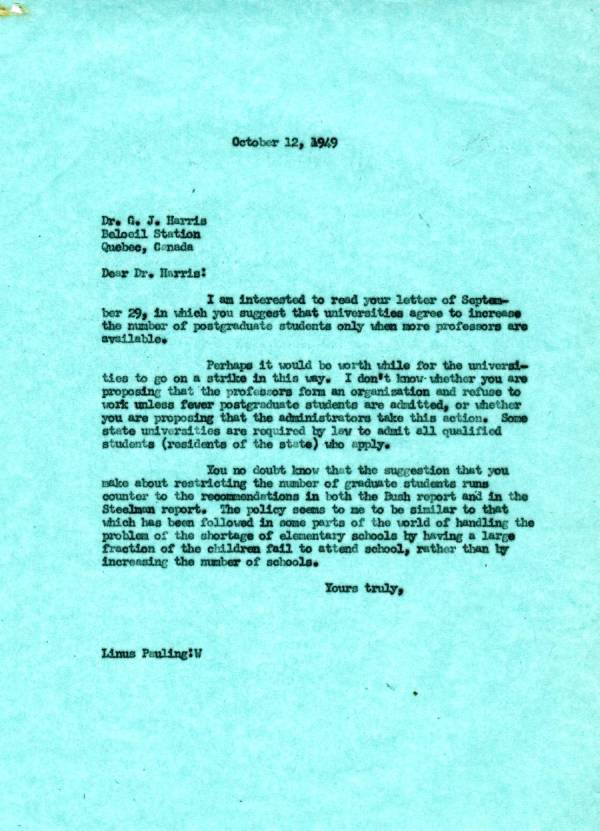 Letter from Linus Pauling to G.J. Harris. Page 1. October 12, 1949