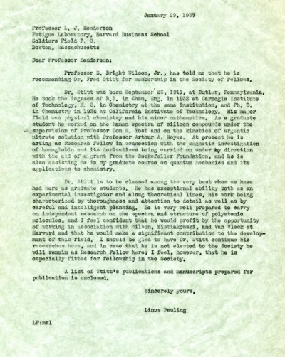 Letter from Linus Pauling to Lawrence J. Henderson. Page 1. January 29, 1937