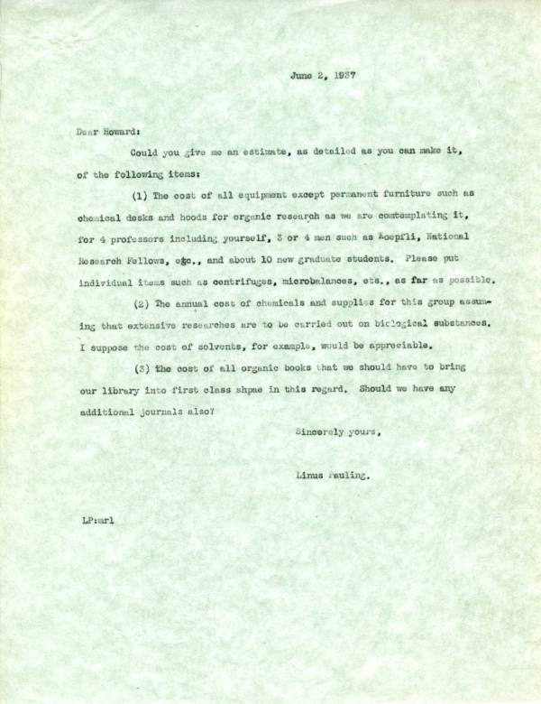 Letter from Linus Pauling to Howard J. Lucas. Page 1. June 2, 1937