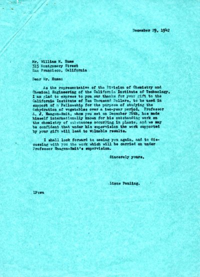 Letter from Linus Pauling to William Hume. Page 1. December 29, 1942