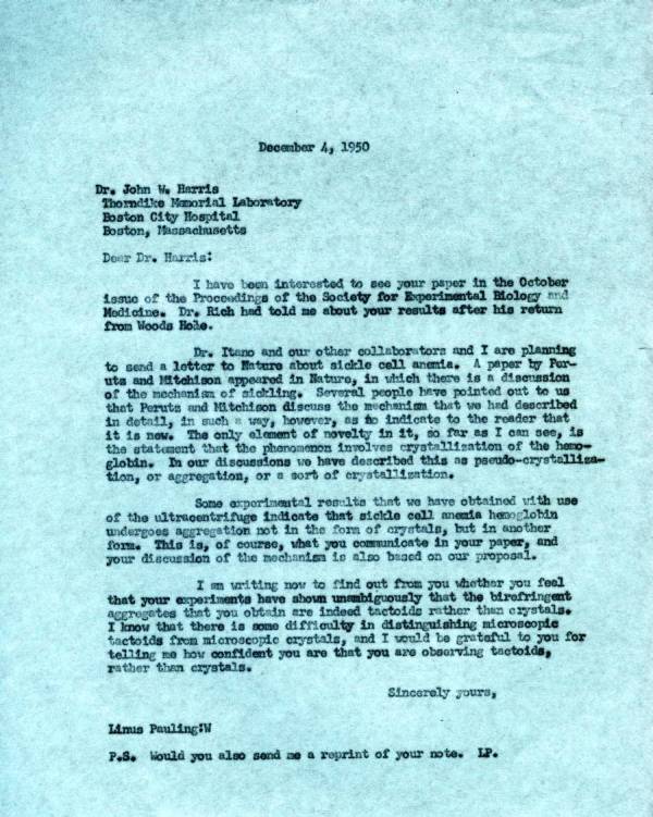 Letter from Linus Pauling to John Harris. Page 1. December 4, 1950
