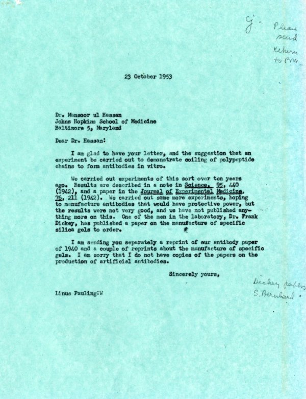 Letter from Linus Pauling to Mansoor ul Hassan. Page 1. October 23, 1953