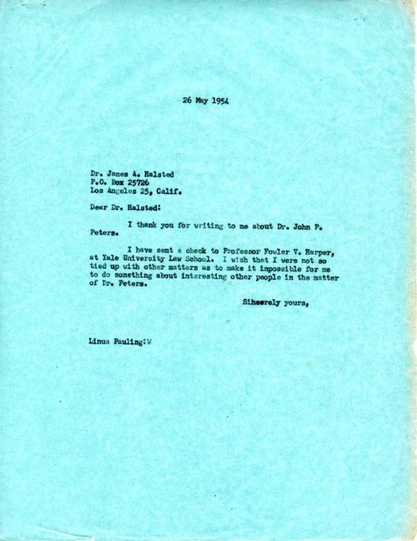 Letter from Linus Pauling to James A. Halsted. Page 1. May 26, 1954
