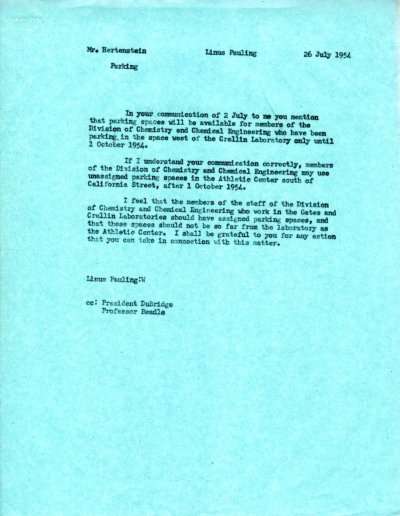 Letter from Linus Pauling to Wesley Hertenstein. Page 1. July 26, 1954