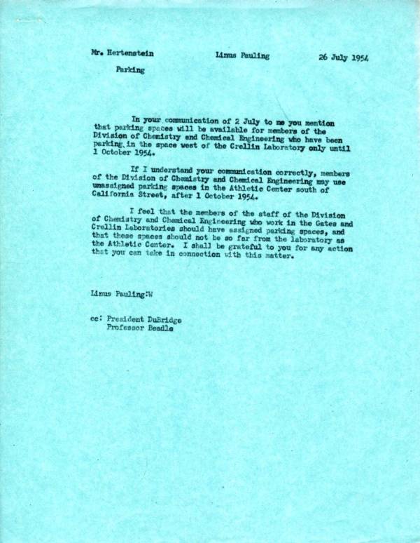 Letter from Linus Pauling to Wesley Hertenstein. Page 1. July 26, 1954