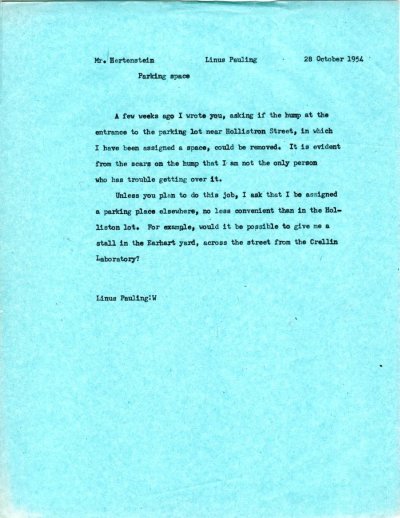 Letter from Linus Pauling to Wesley Hertenstein. Page 1. October 28, 1954
