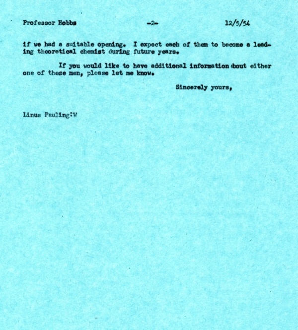 Letter from Linus Pauling to Marcus E. Hobbs. Page 2. May 12, 1954