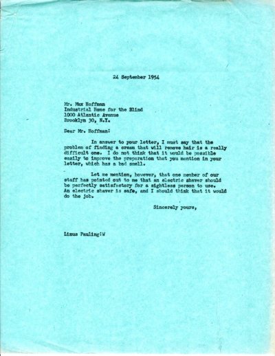 Letter from Linus Pauling to Max Hoffman. Page 1. September 24, 1954