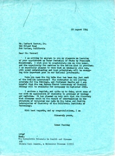 Letter from Linus Pauling to Herbert Hoover, Jr. Page 1. August 20, 1954