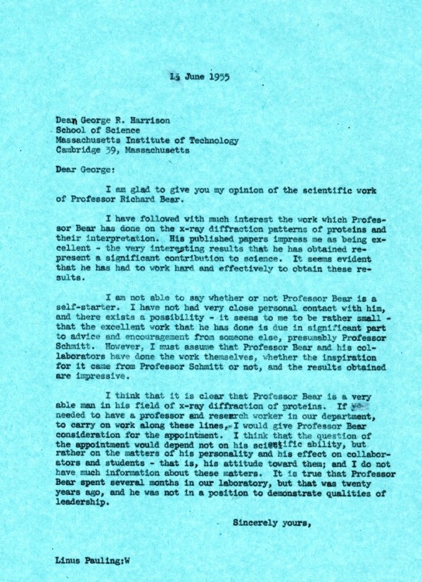 Letter from Linus Pauling to George R. Harrison. Page 1. June 13, 1955