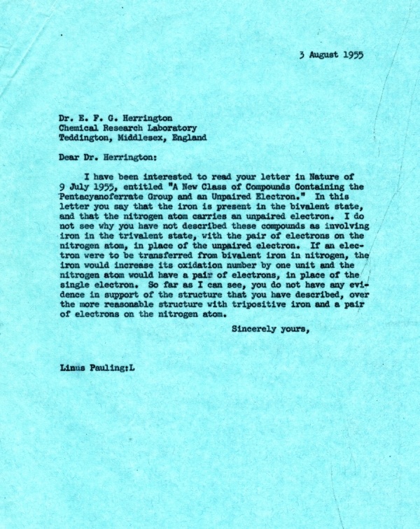 Letter from Linus Pauling to E.F.G. Herrington. Page 1. August 3, 1955