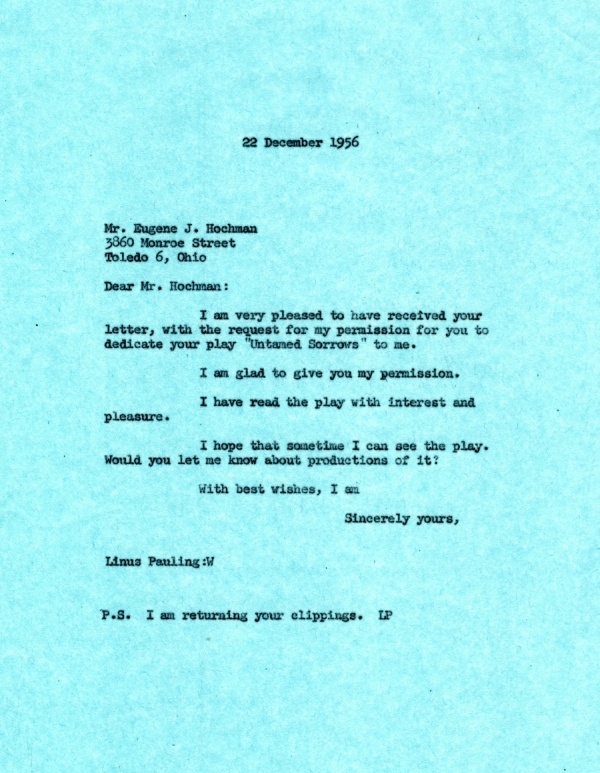 Letter from Linus Pauling to Eugene J. Hochman. Page 1. December 22, 1956