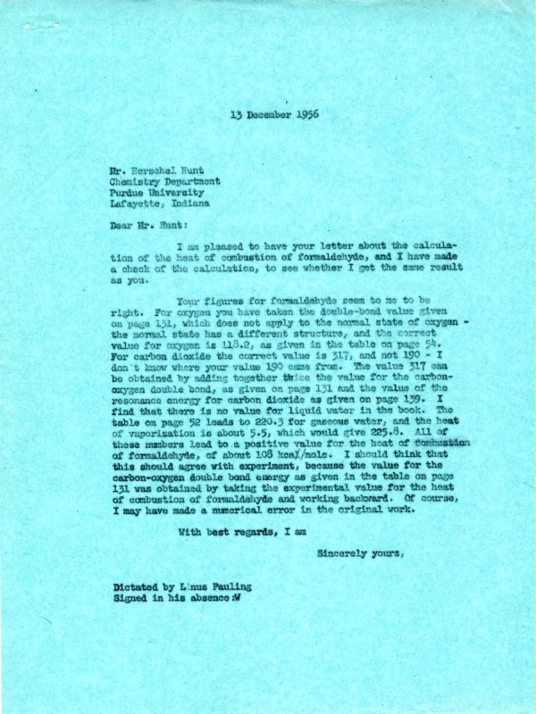 Letter from Linus Pauling to Herschel Hunt. Page 1. December 13, 1956