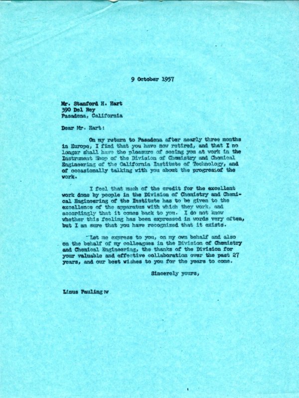 Letter from Linus Pauling to Stanford H. Hart. Page 1. October 9, 1957