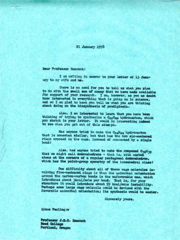Letter from Linus Pauling to J.E.H. Hancock. Page 1. January 21, 1958