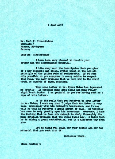 Letter from Linus Pauling to Paul F. Hirschfelder. Page 1. July 1, 1958