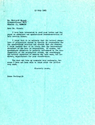 Letter from Linus Pauling to Fritjoff Hirsch. Page 1. July 13, 1961