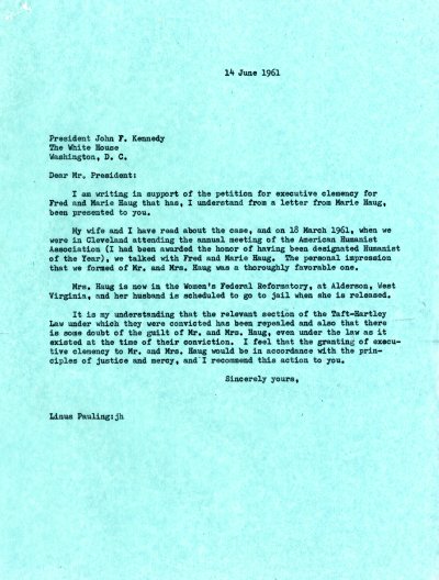 Letter from Linus Pauling to John F. Kennedy. Page 1. June 14, 1961