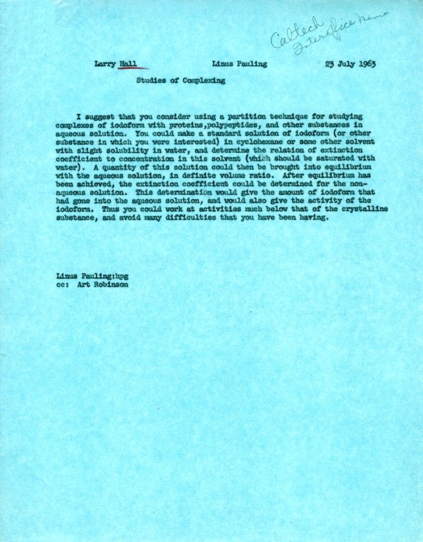 Letter from Linus Pauling to Larry Hall. Page 1. July 23, 1963