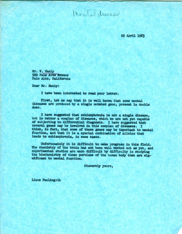 Letter from Linus Pauling to V. Hanly. Page 1. April 22, 1963