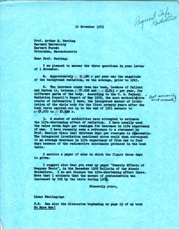 Letter from Linus Pauling to Arthur H. Westing. Page 1. November 14, 1963