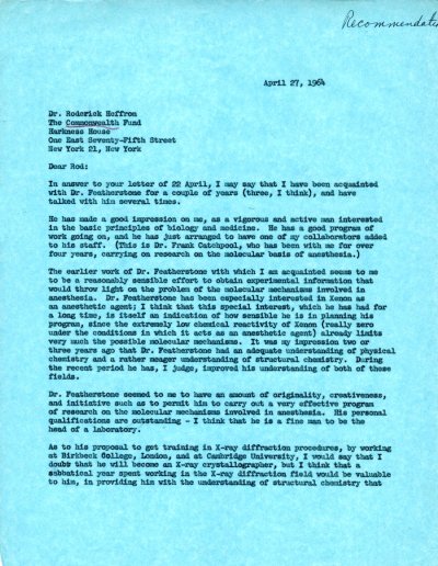 Letter from Linus Pauling to Roderick Heffron. Page 1. April 27, 1964