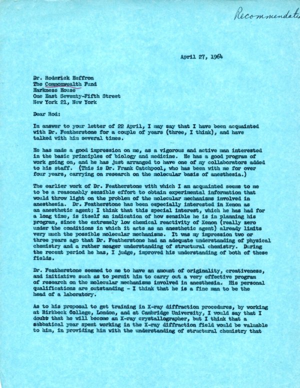 Letter from Linus Pauling to Roderick Heffron. Page 1. April 27, 1964