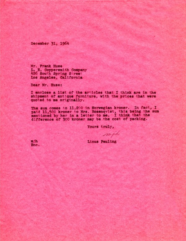 Letter from Linus Pauling to Frank Huse. Page 1. December 31, 1964