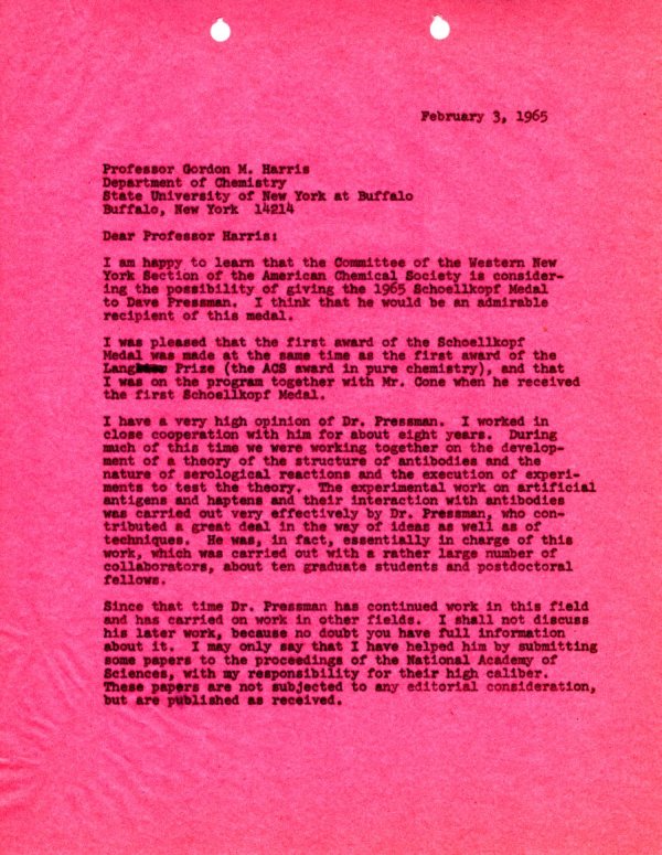 Letter from Linus Pauling to Gordon M. Harris. Page 1. February 3, 1965