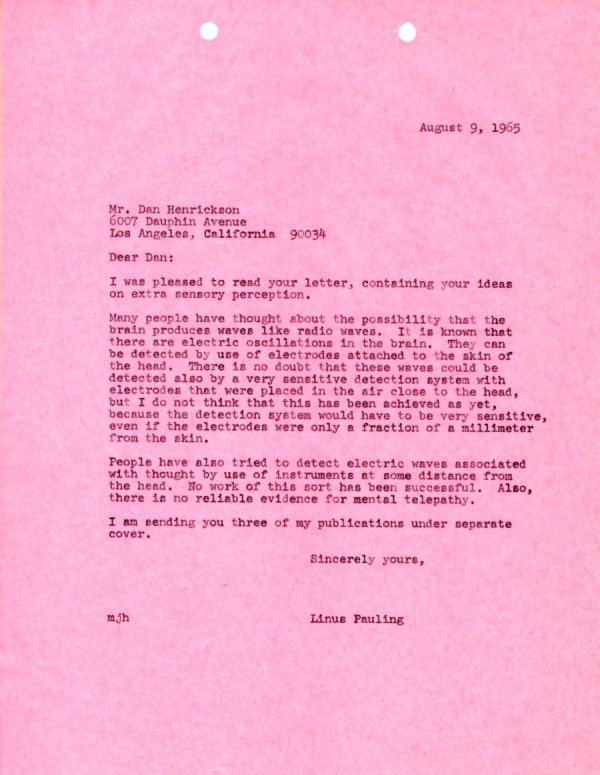 Letter from Linus Pauling to Dan Henrickson. Page 1. August 9, 1965