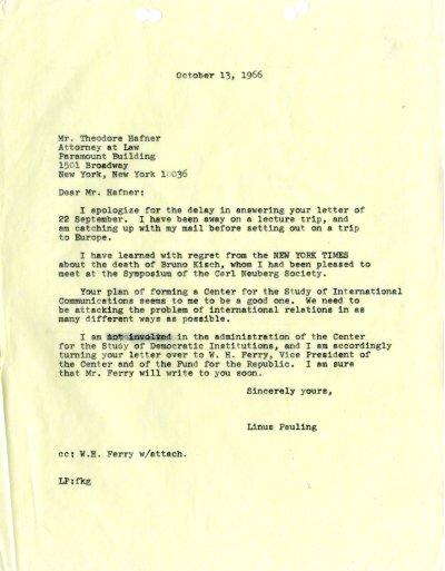 Letter from Linus Pauling to Theodore Hafner. Page 1. May 11, 1966