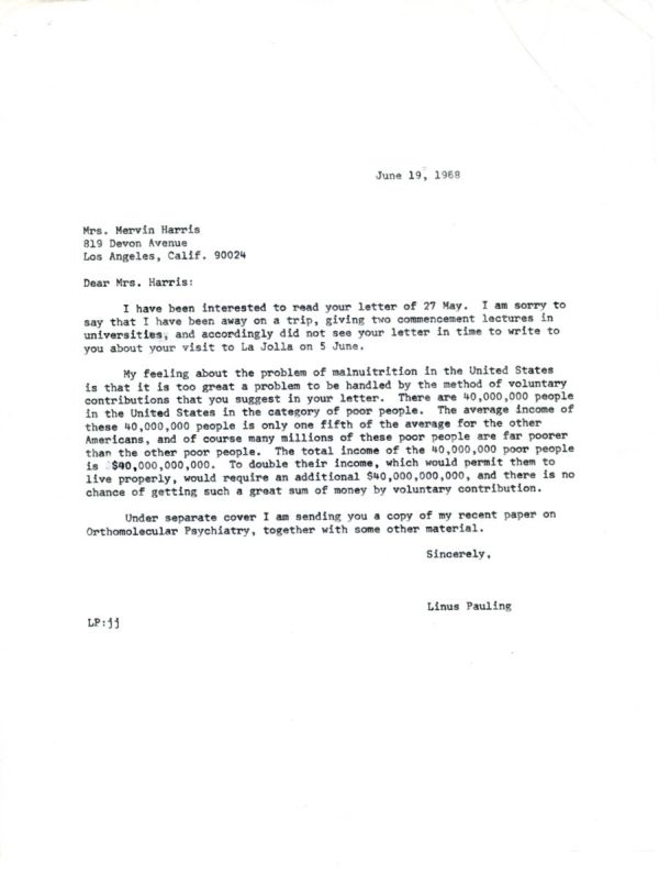 Letter from Linus Pauling to Mervin Harris. Page 1. June 19, 1968