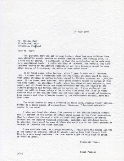 Letter from Linus Pauling to William Hart. Page 1. July 25, 1968