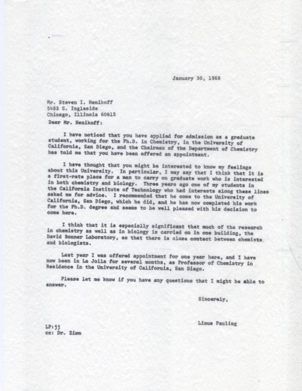 Letter from Linus Pauling to Steven I. Henikoff. Page 1. January 30, 1968