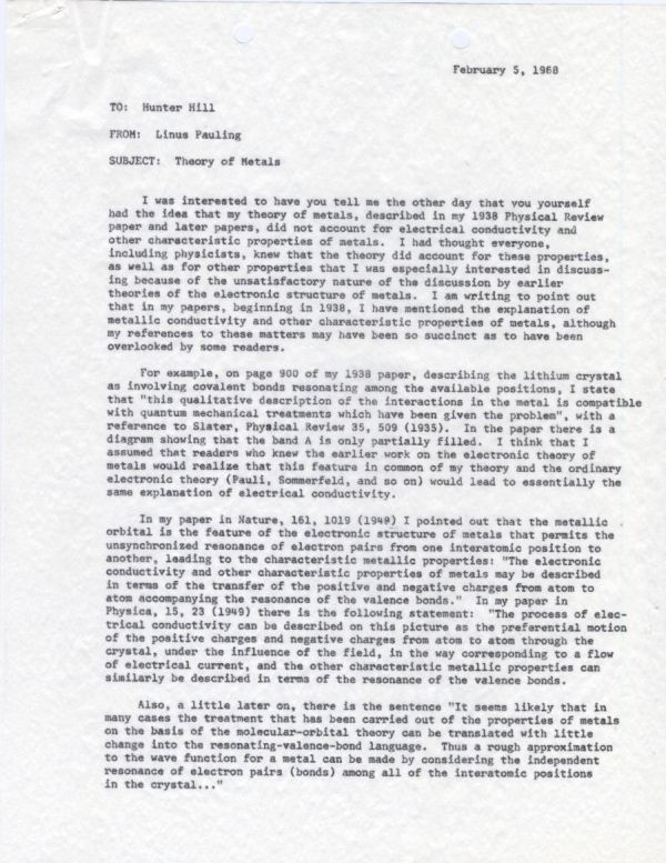 Memo from Linus Pauling to Hunter Hill. Page 1. February 5, 1968