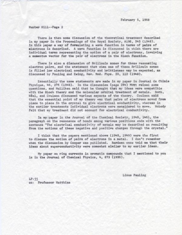 Memo from Linus Pauling to Hunter Hill. Page 2. February 5, 1968