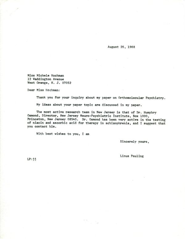 Letter from Linus Pauling to Michele Hochman. Page 1. August 26, 1968