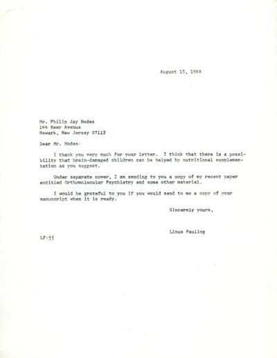 Letter from Linus Pauling to Philip Jay Hodes. Page 1. August 15, 1968