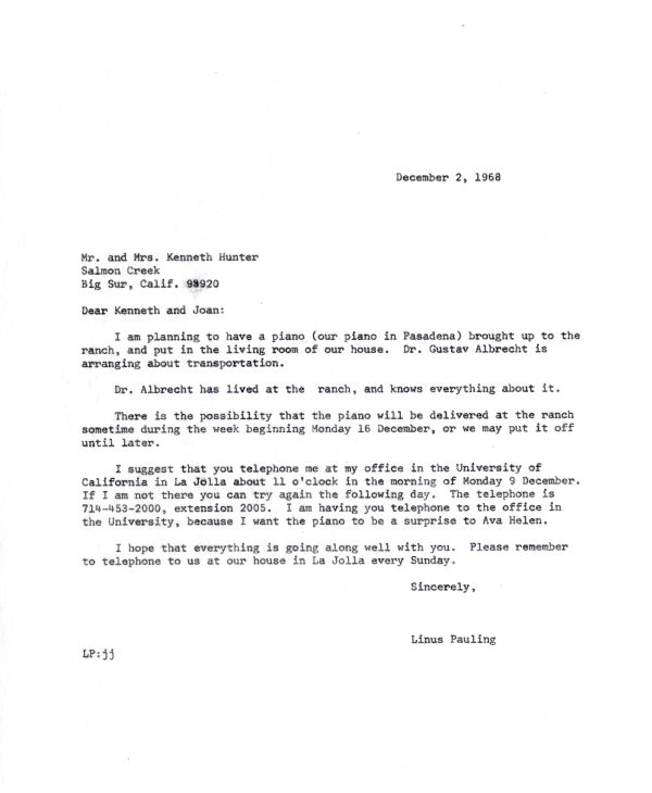 Letter from Linus Pauling to Mr. and Mrs. Kenneth Hunter. Page 1. December 2, 1968