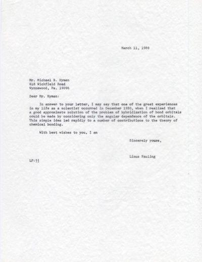 Letter from Linus Pauling to Michael B. Hyman. Page 1. March 11, 1969