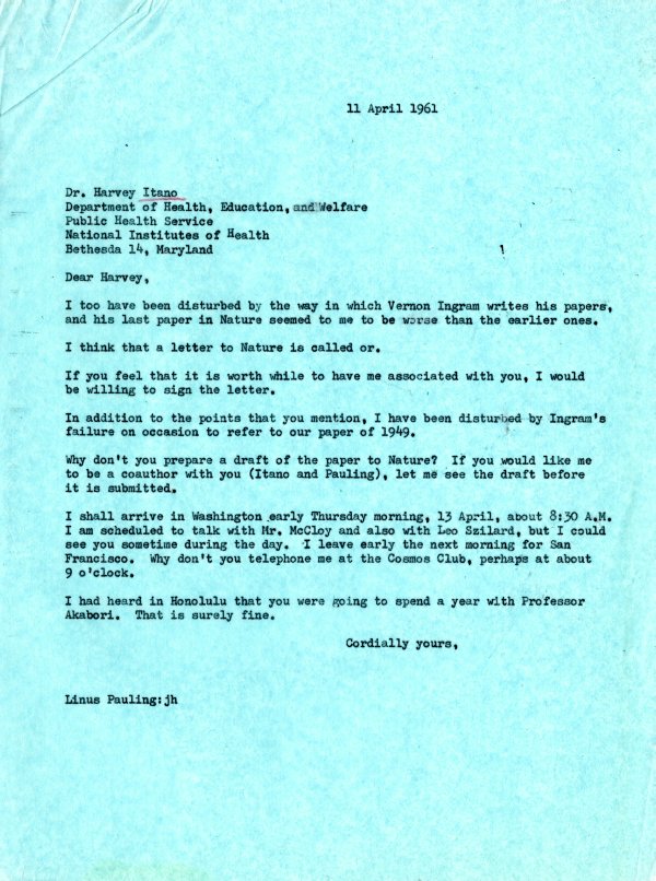 Letter from Linus Pauling to Harvey Itano. Page 1. April 11, 1961