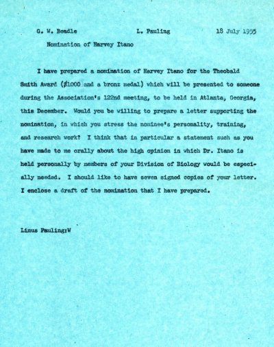 Memorandum from Linus Pauling to George Beadle. Page 1. July 18, 1955