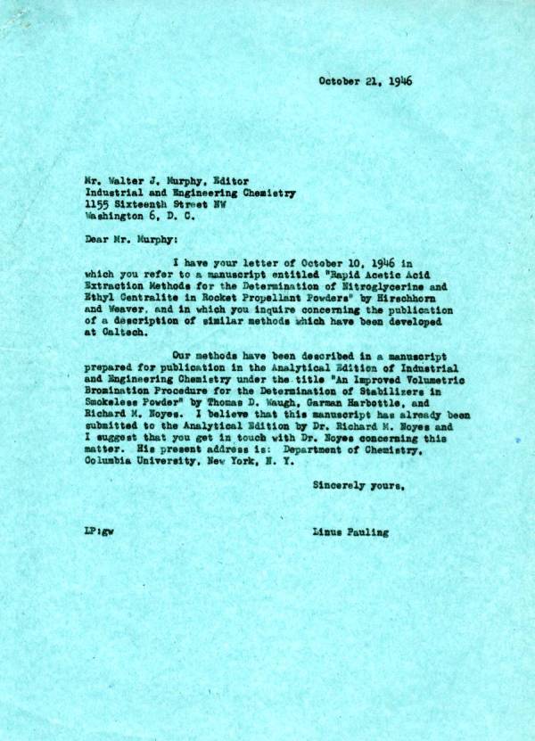 Letter from Linus Pauling to Walter J. Murphy. Page 1. October 21, 1946