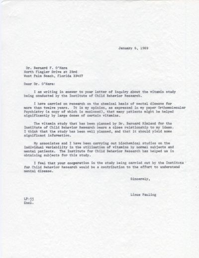 Letter from Linus Pauling to Bernard F. O'Hara. Page 1. January 6, 1969