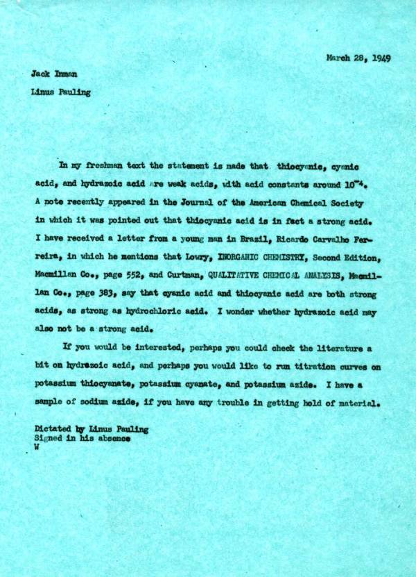 Letter from Linus Pauling to Jack Inman. Page 1. March 28, 1949