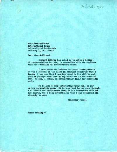 Letter from Linus Pauling to Jean Sullivan. Page 1. October 30, 1954