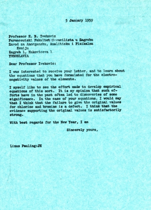 Letter from Linus Pauling to H.B. Ivekovic. Page 1. January 5, 1959