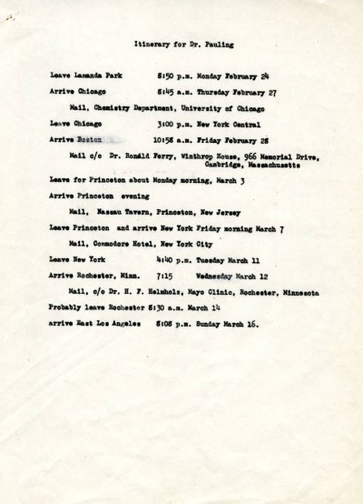 Travel itinerary for Linus Pauling. Page 1. March 11, 1941
