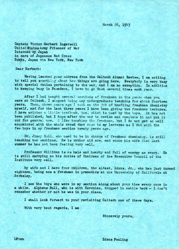 Letter from Linus Pauling to Victor Herbert Ingersoll. Page 1. March 26, 1943