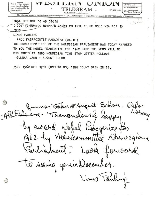 Letter from Linus Pauling to Gunnar Jahn and August Schou. Page 1. October 14, 1963